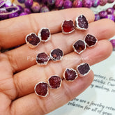 Raw Garnet Silver Electroplated Stud Earrings, January Birthstone, Sold By Piece